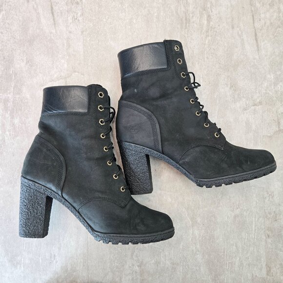 Timberland Chunky Block Heel Booties Sz 9 Leather Lace Up Hiker Heeled Boots - Picture 7 of 13